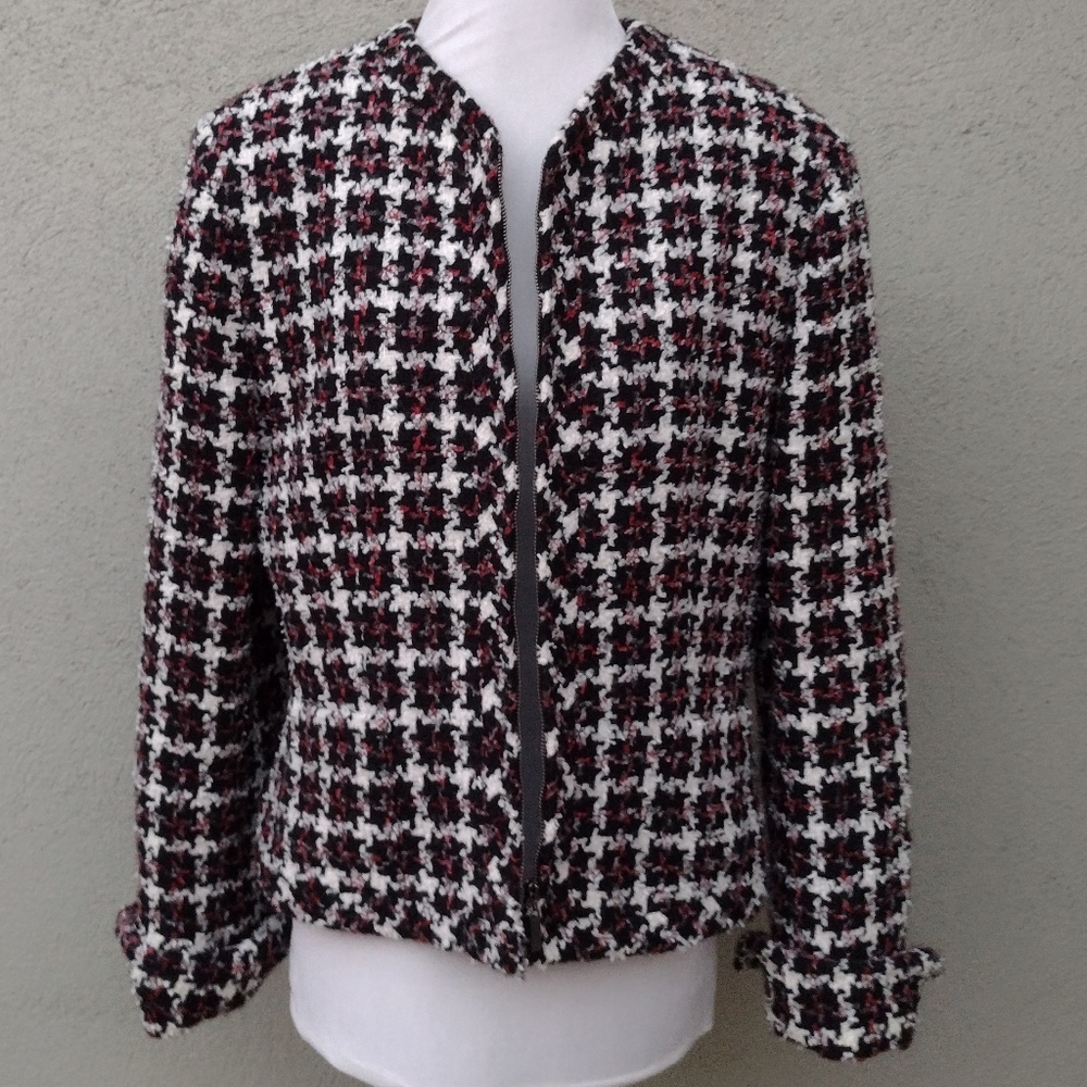 Jones New York Black, Red and White Wool Zipped Boxy Blazer Jacket Women's 12